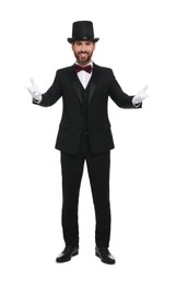 Happy magician in top hat on white background