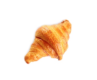 Photo of Fresh tasty croissant on white background, top view. French pastry