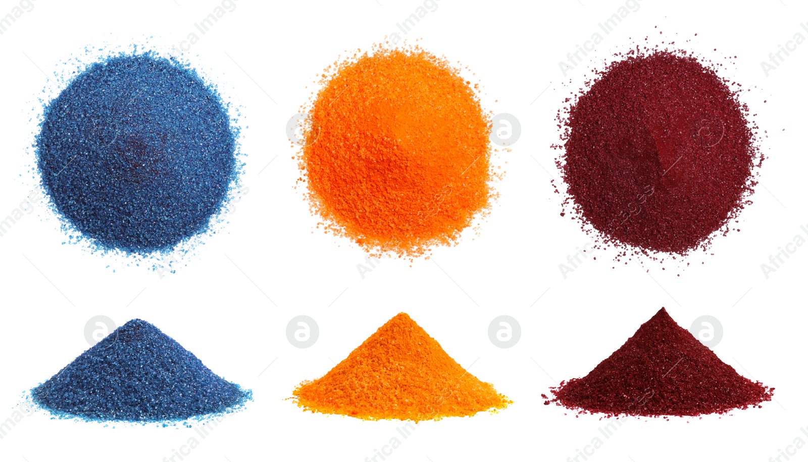 Image of Collage of different powdered food coloring isolated on white, top and side views