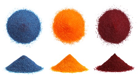 Collage of different powdered food coloring isolated on white, top and side views