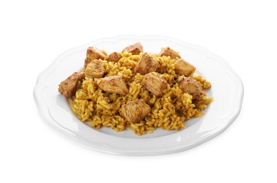 Photo of Plate of delicious rice with chicken isolated on white