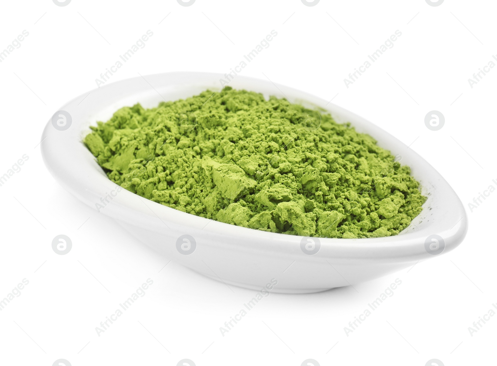 Photo of Bowl with powdered matcha tea on white background