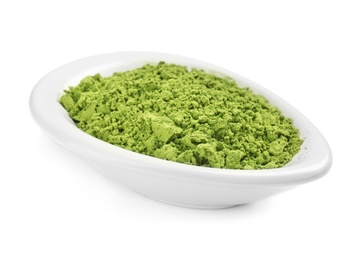 Photo of Bowl with powdered matcha tea on white background