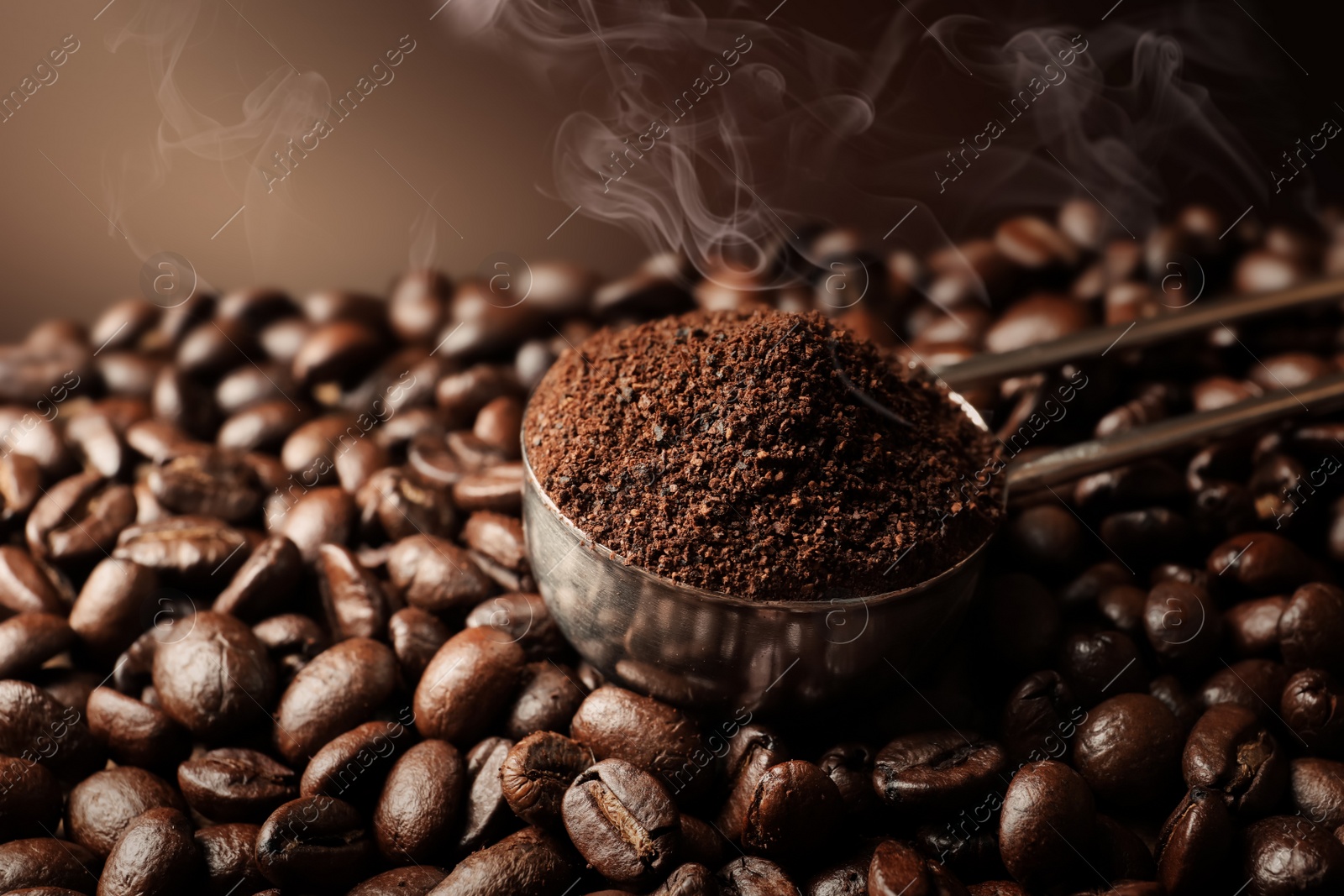 Image of Spoon with coffee grounds and roasted beans, closeup