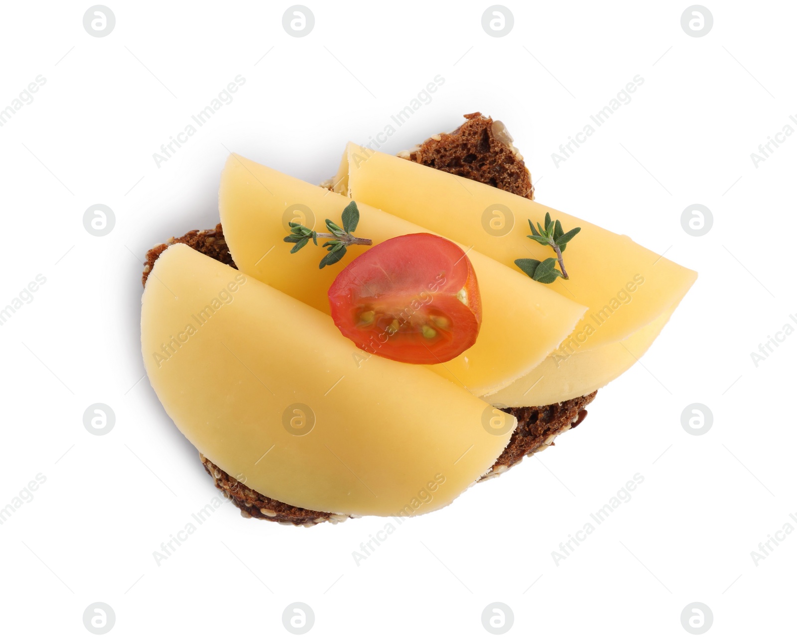 Photo of Tasty sandwich with slices of fresh cheese, thyme and tomato isolated on white, top view