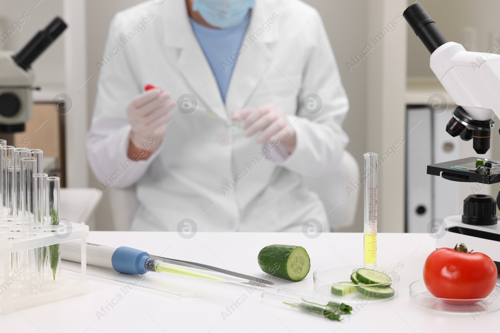 Photo of Quality control. Food inspector checking safety of products in laboratory