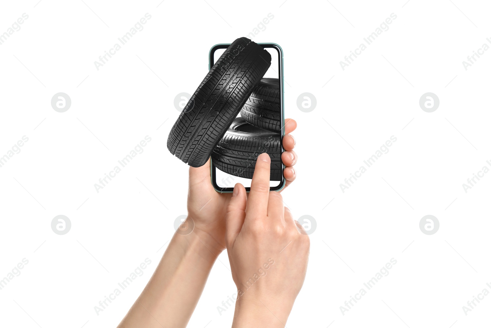 Image of Woman buying car tires from online auto store via smartphone on white background, closeup. Delivery service