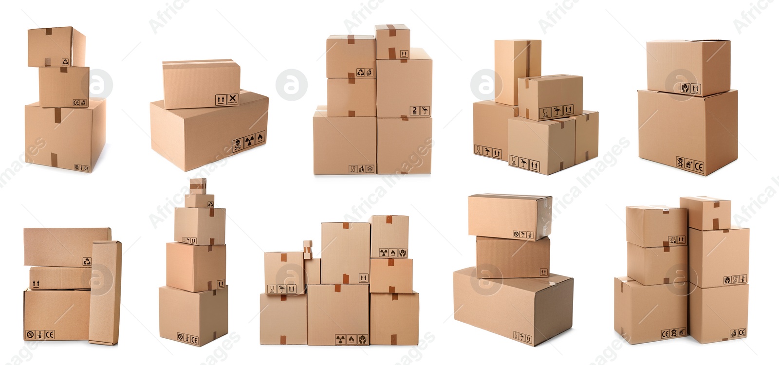Image of Set of parcels with different packaging symbols on white background, banner design 
