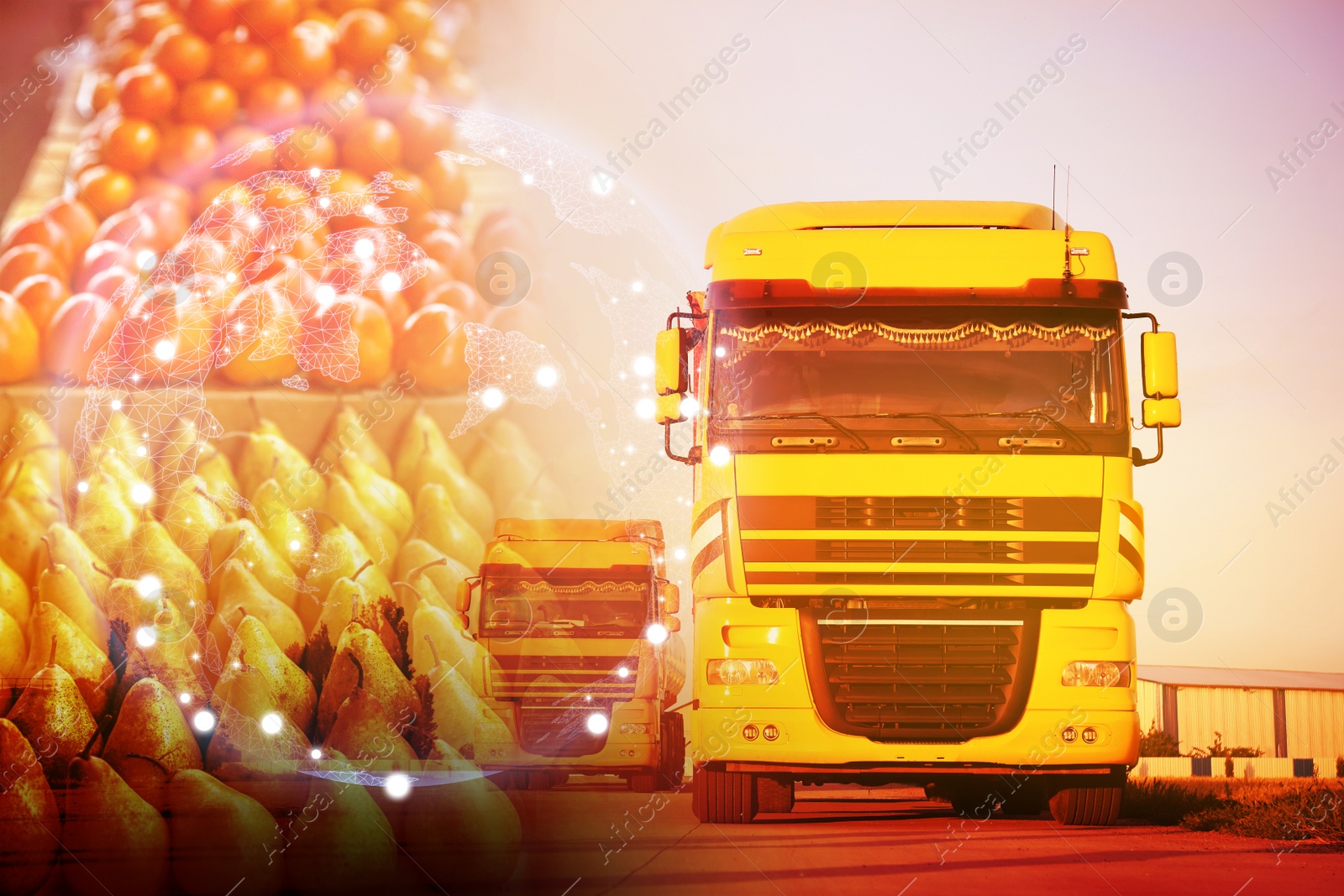Image of Multiple exposure of trucks, fresh fruits and world globe. Wholesale concept