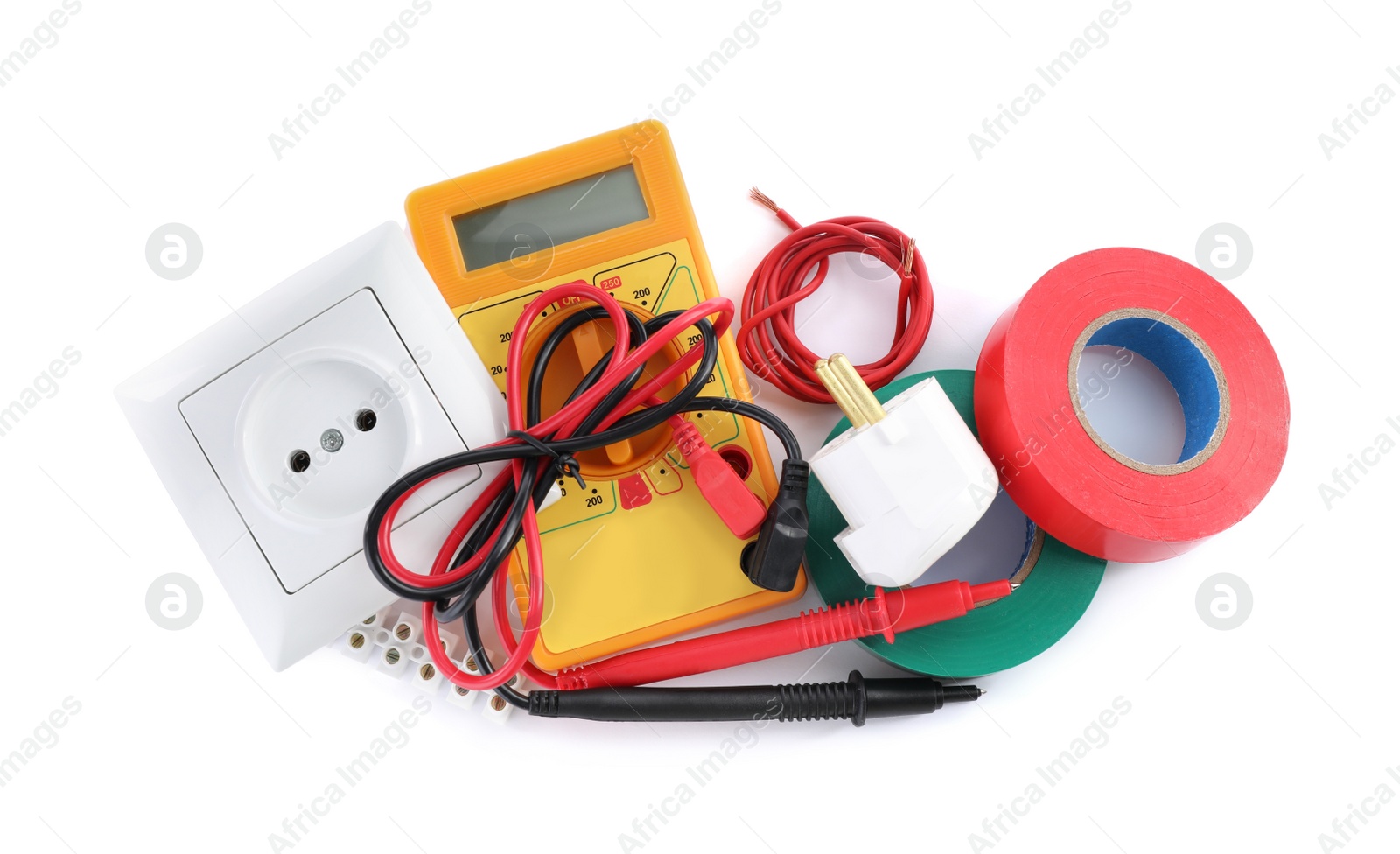 Photo of Set of electrician's accessories on white background, top view