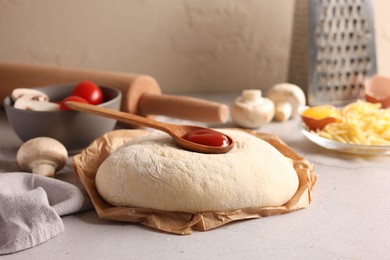 Photo of Pizza dough and products on gray textured table