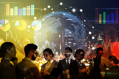 Image of Multiple exposure with scheme, illustration of Earth and businesspeople. Fintech concept