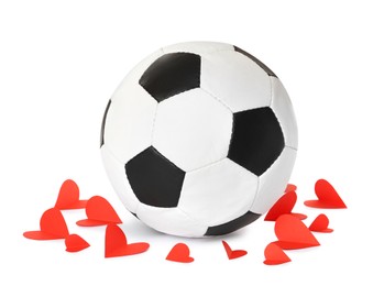 Soccer ball and hearts on white background