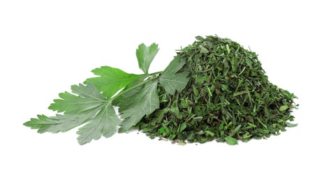 Heap of dried parsley and fresh leaves isolated on white