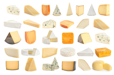 Set with different sorts of cheese on white background