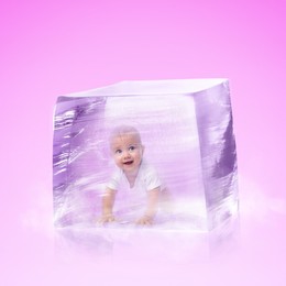 Cryopreservation as method of infertility treatment. Baby in ice cube on violet background