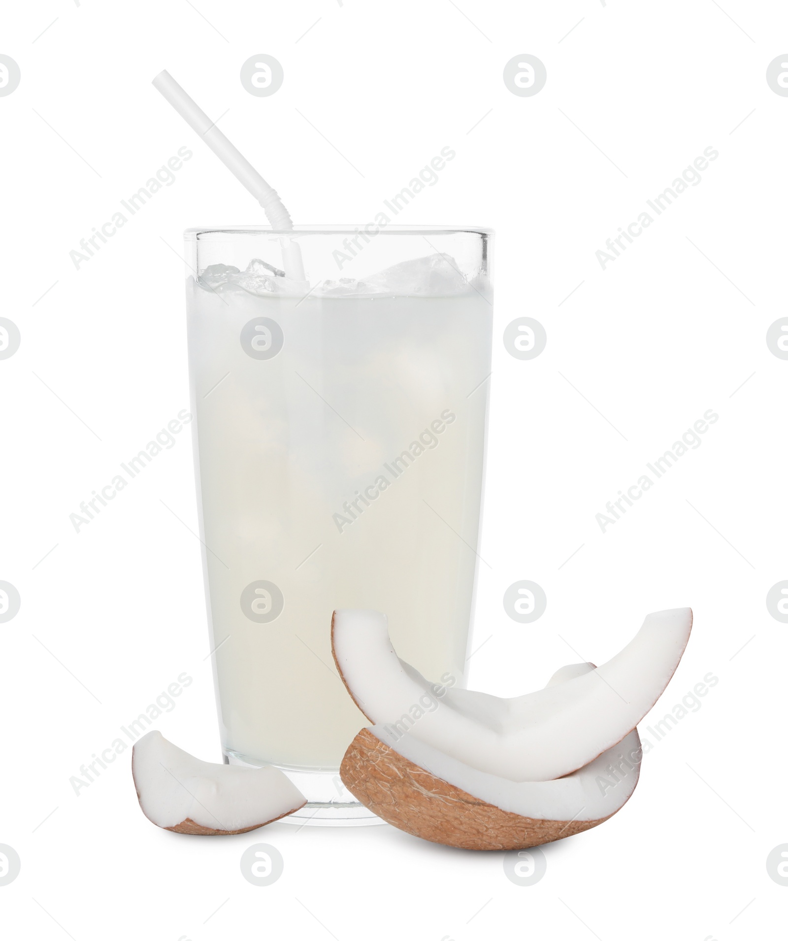 Photo of Glass of coconut water, ice cubes and nut isolated on white