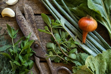 Photo of Flat lay composition with different herbs and rusty scissors on wooden table