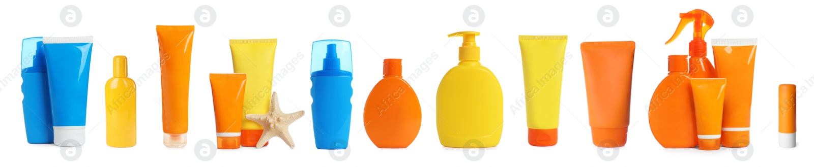 Image of Set with sun protection cosmetic products on white background. Banner design