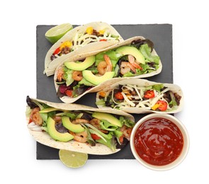 Photo of Delicious tacos, lime and sauce on white background, top view