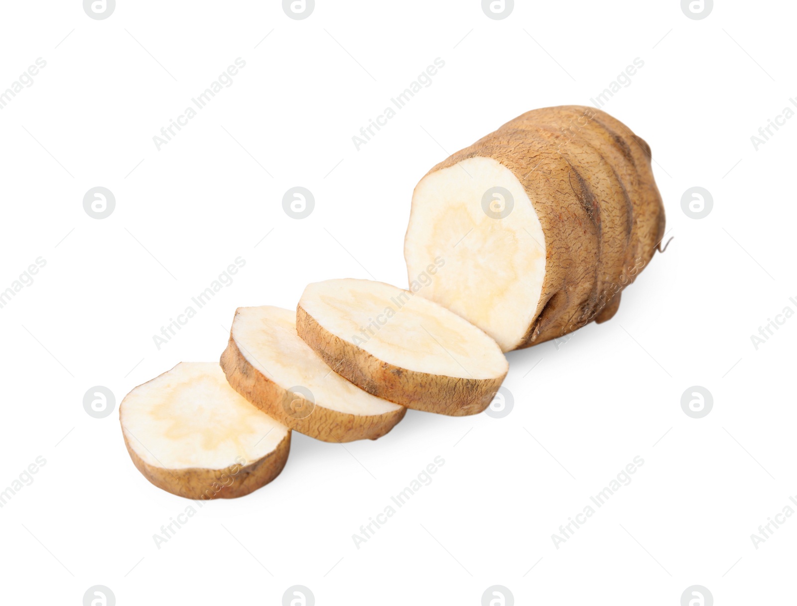 Photo of Cut turnip rooted chervil tuber isolated on white