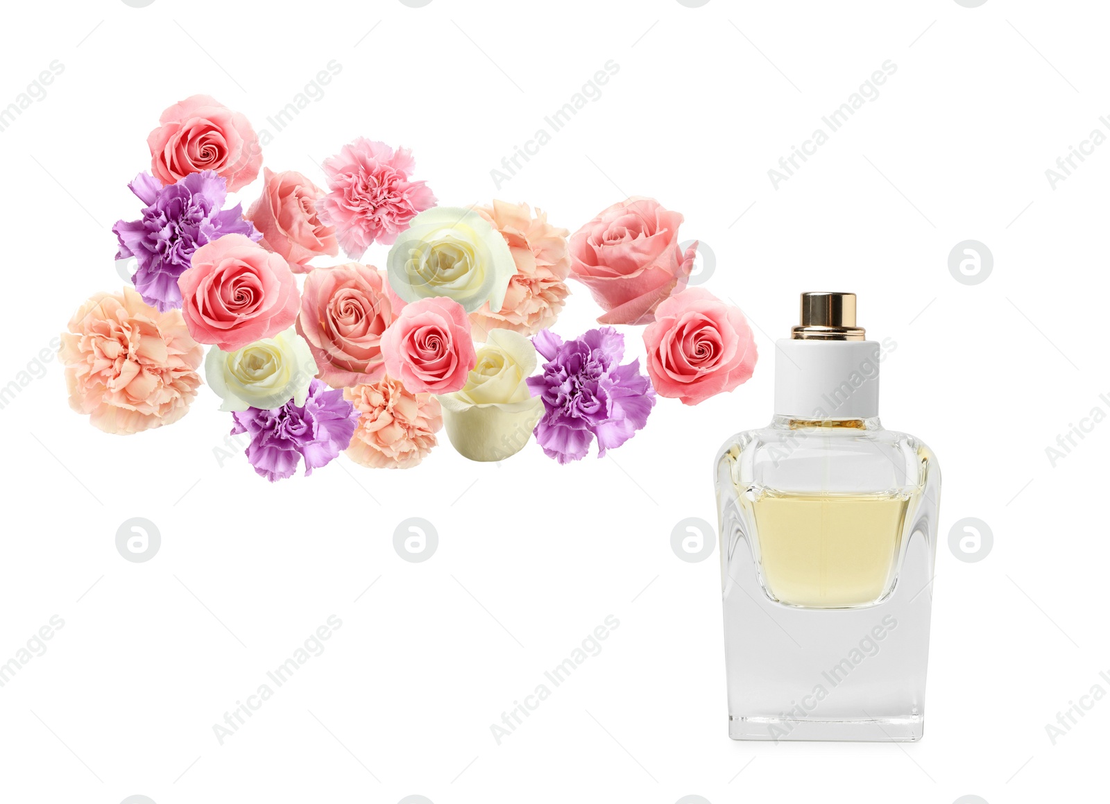 Image of Perfume with floral scent on white background