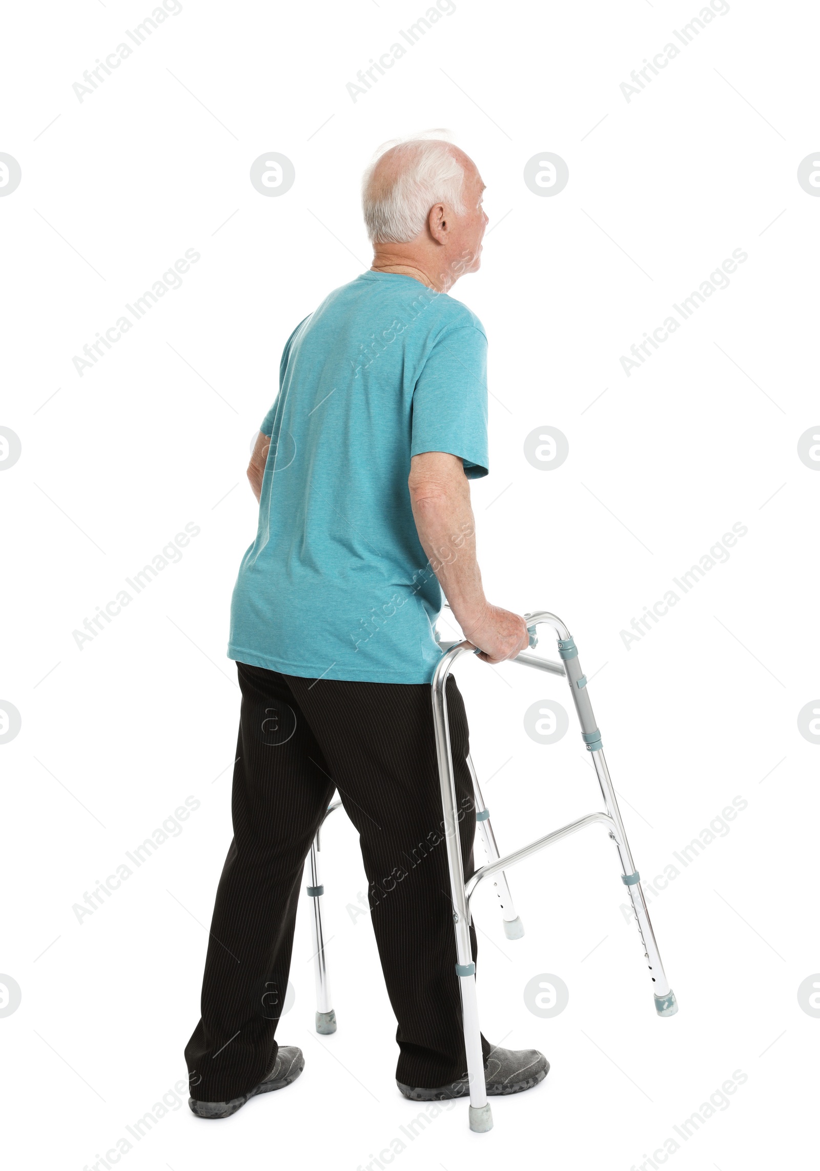Photo of Elderly man using walking frame isolated on white