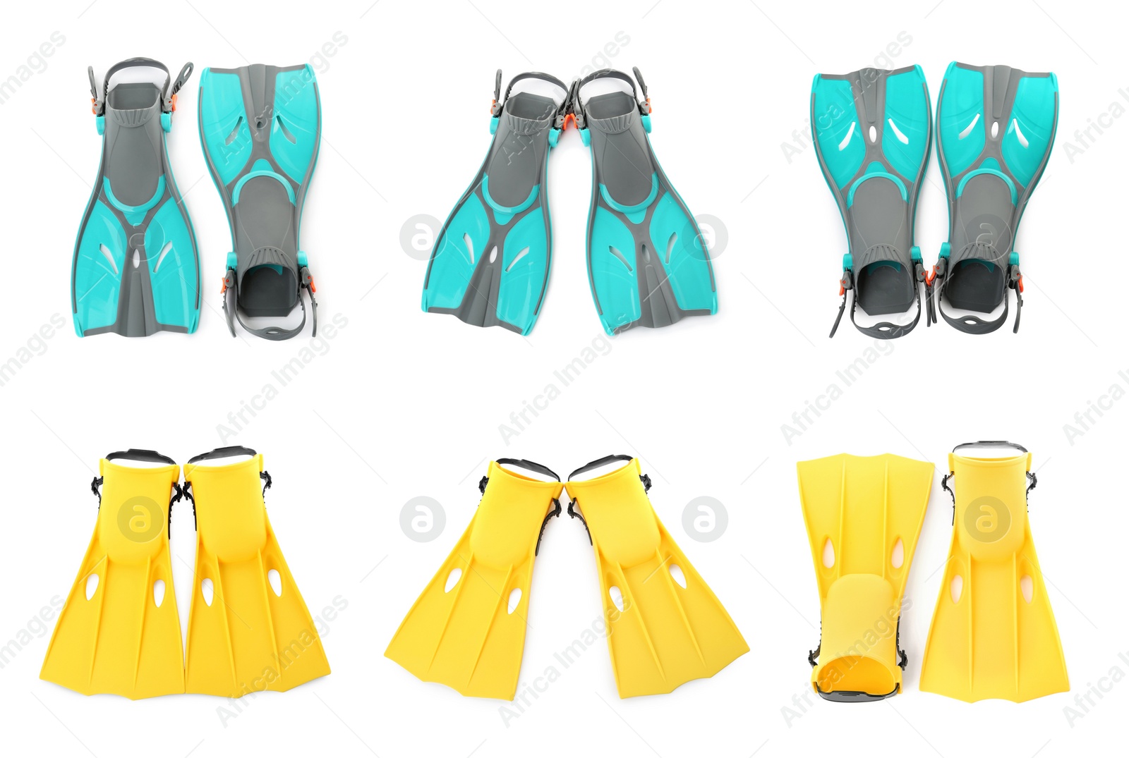 Image of Set with different flippers on white background, top view