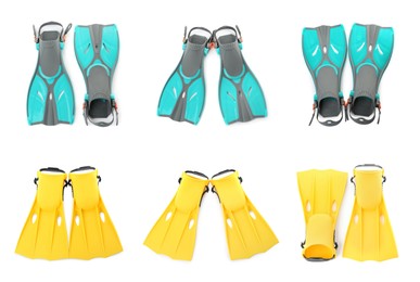 Image of Set with different flippers on white background, top view