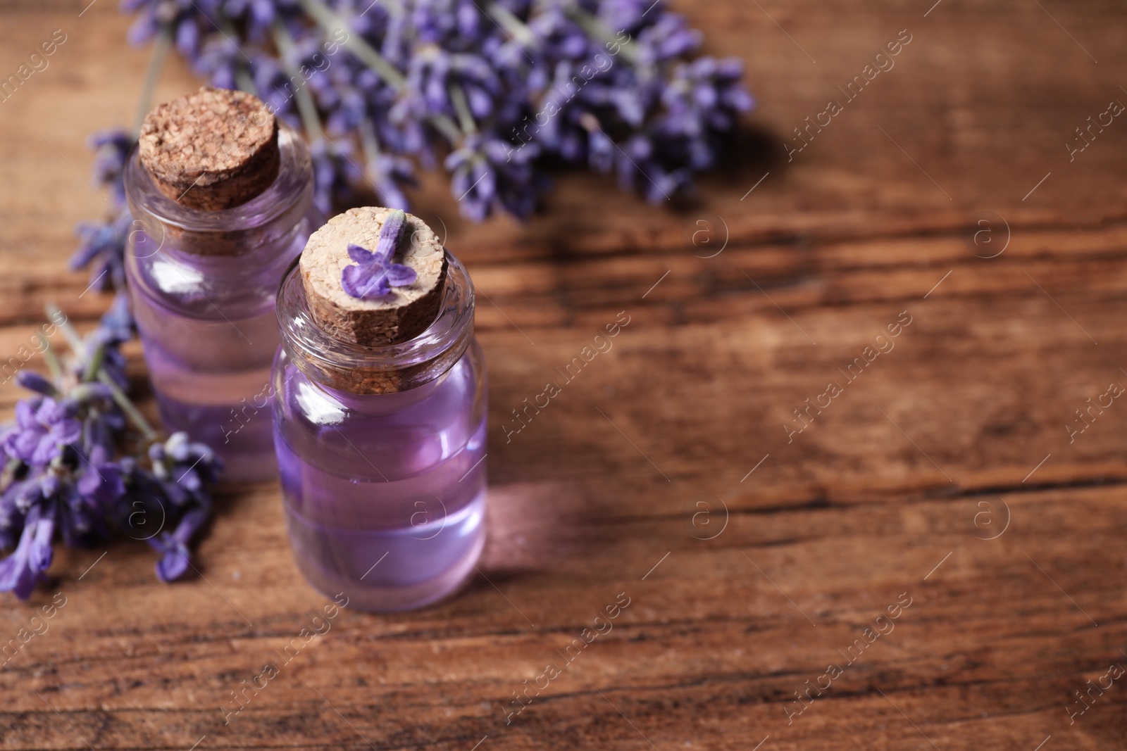 Photo of Bottles of essential oil and lavender flowers on wooden table. Space for text