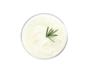 Photo of Glass bowl of garlic sauce on white background, top view