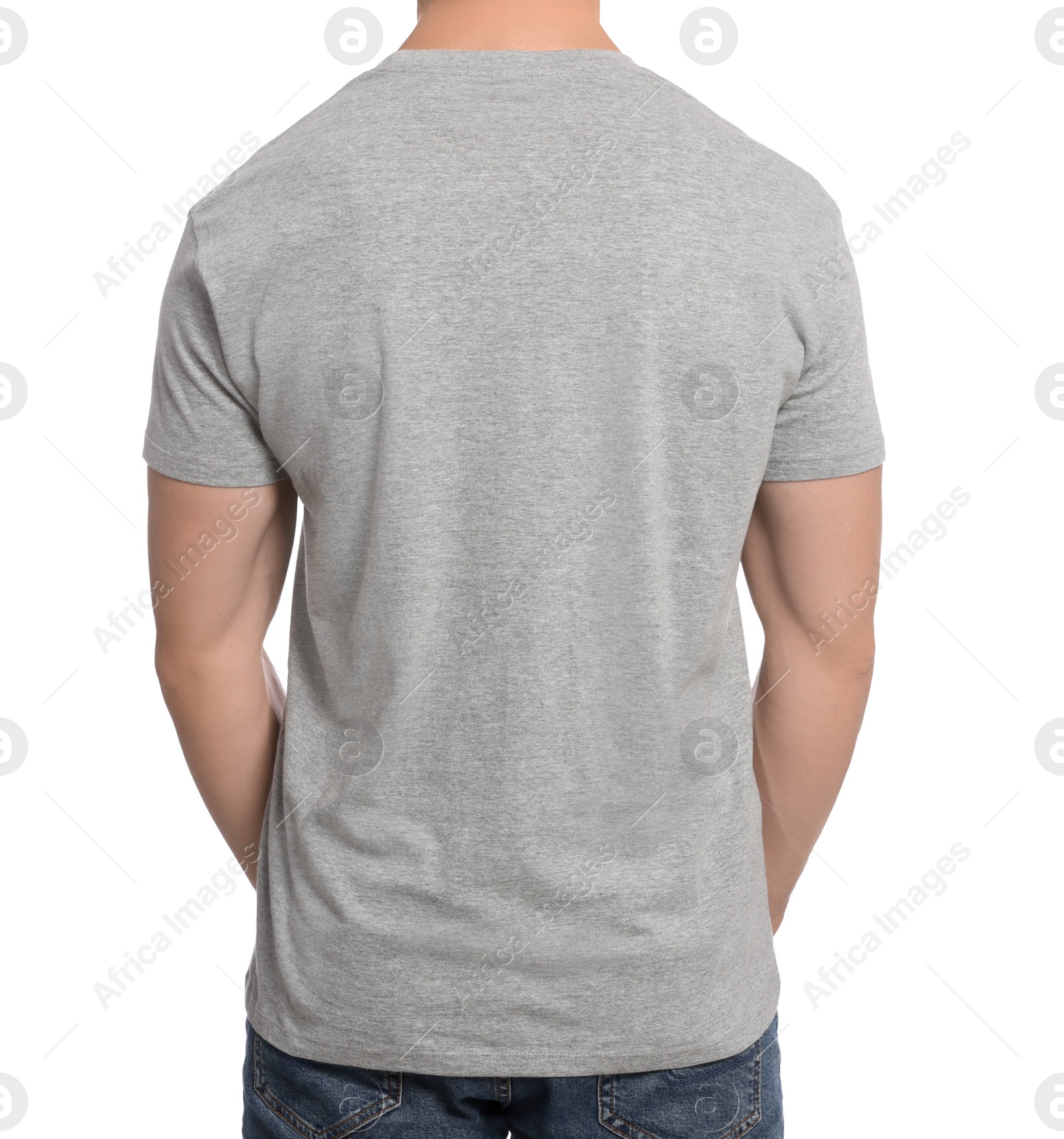 Photo of Man wearing grey t-shirt on white background, back view. Mockup for design