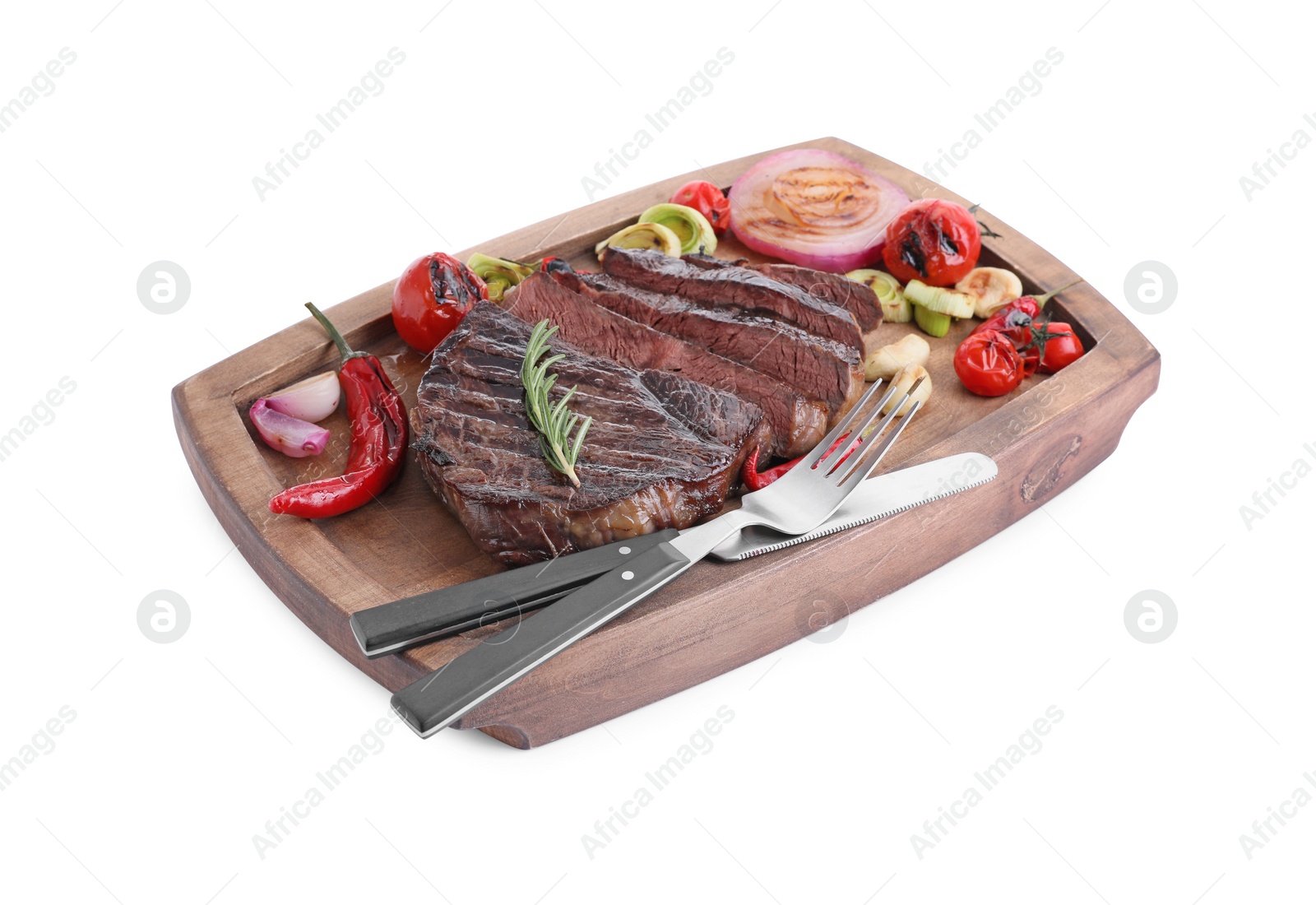 Photo of Delicious fried beef meat with vegetables isolated on white