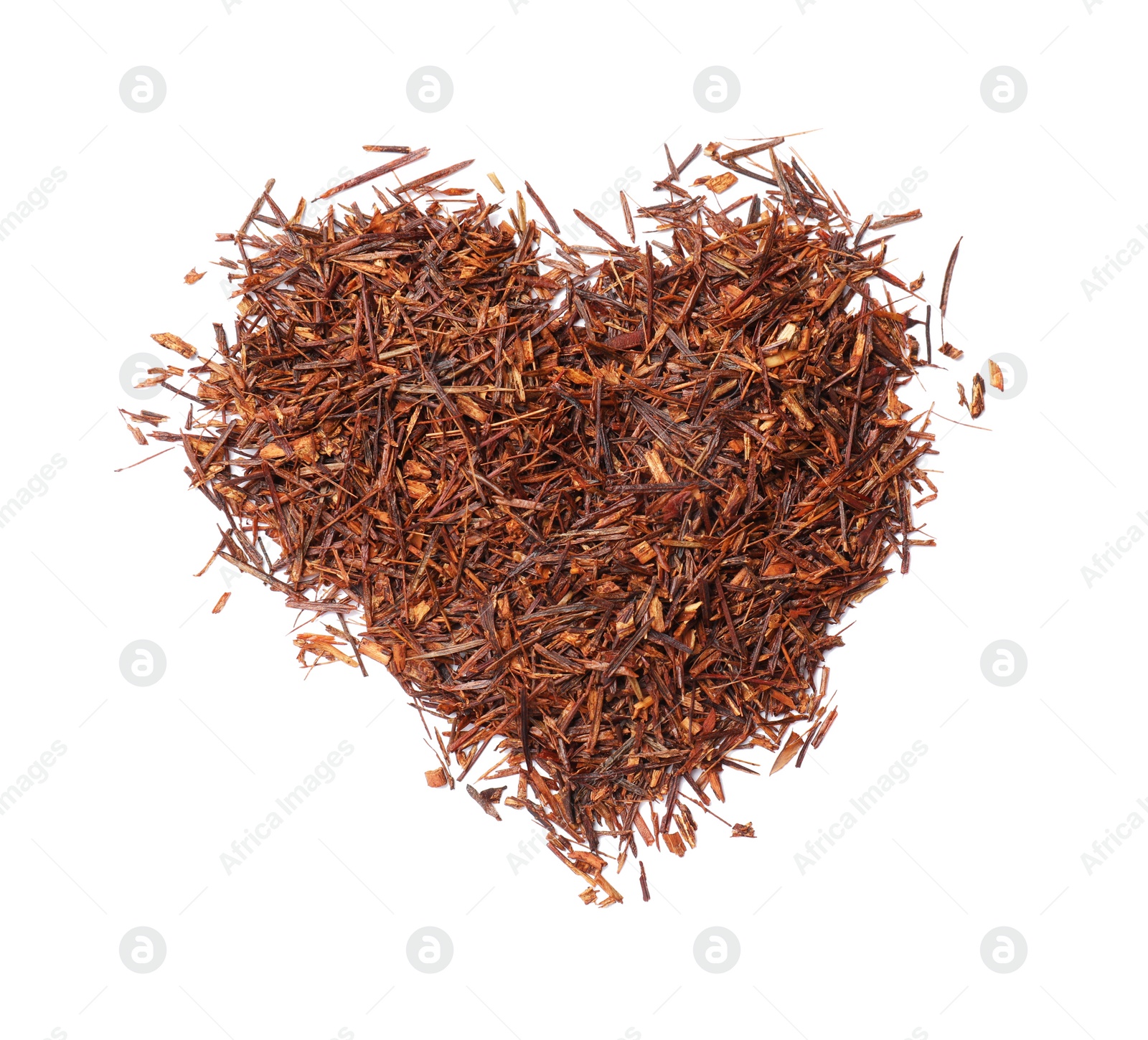 Photo of Heart made of rooibos tea isolated on white, top view