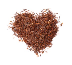 Photo of Heart made of rooibos tea isolated on white, top view