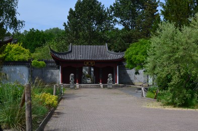 Photo of HAREN, NETHERLANDS - MAY 23, 2022: Beautiful view of entrance to Chinese garden