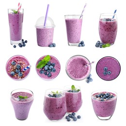 Image of Set with delicious blueberry smoothies on white background