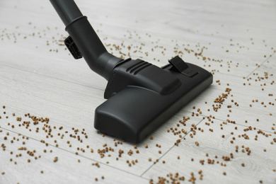 Removing groats from wooden floor with vacuum cleaner at home, closeup