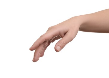 Photo of Woman holding something in hand on white background, closeup