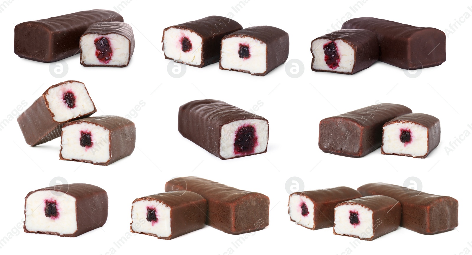 Image of Collage of glazed curd cheese bars with berry jam filling on white background