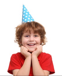 Photo of Happy little boy in party hat on white background