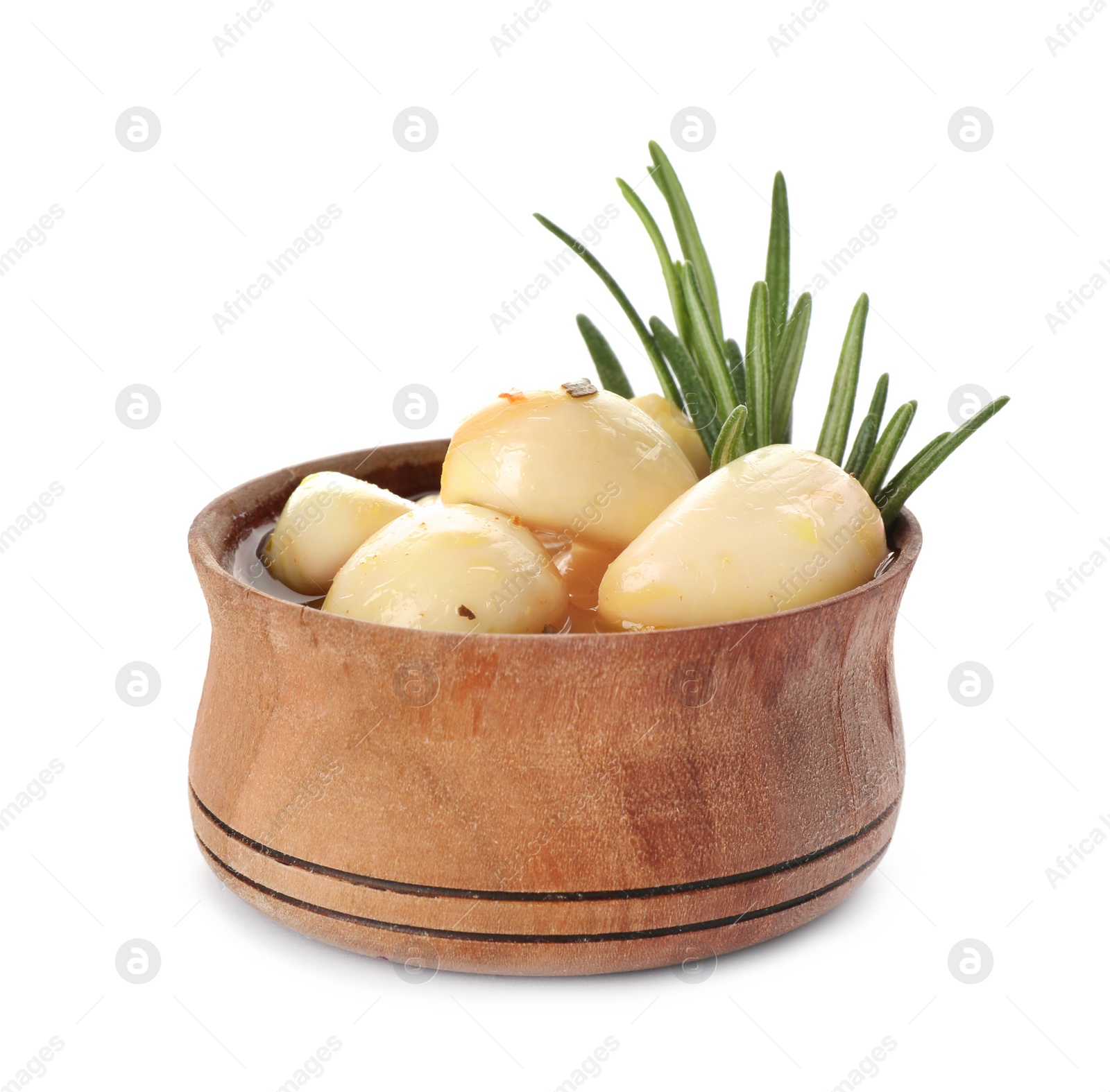 Photo of Bowl with preserved garlic and rosemary on white background