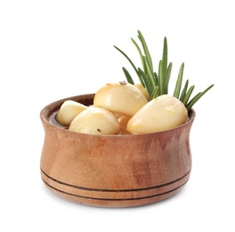 Photo of Bowl with preserved garlic and rosemary on white background