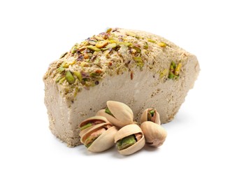 Image of Tasty halva and pistachio nuts isolated on white