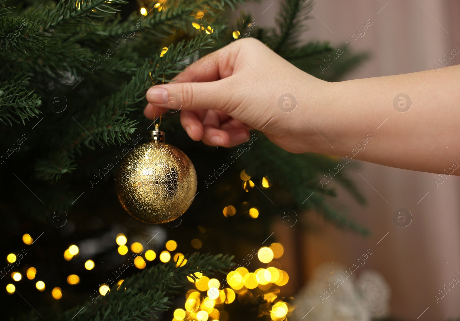 Photo of Woman decorating fir tree with golden Christmas ball indoors, closeup