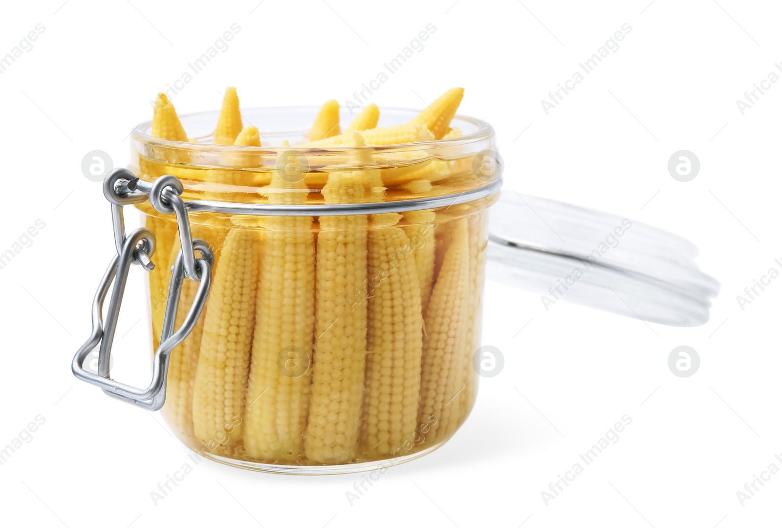 Photo of Jar of pickled baby corn isolated on white