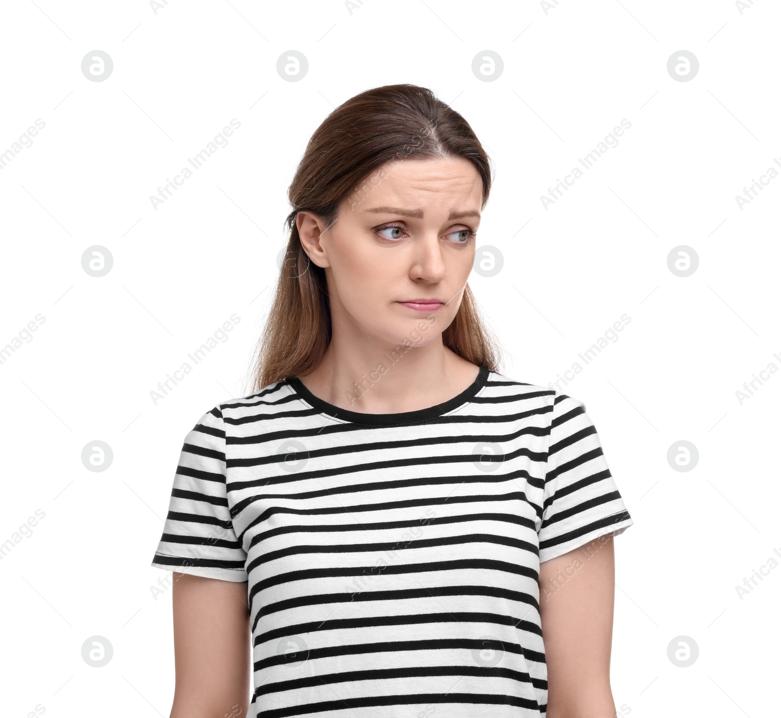 Photo of Portrait of sad woman on white background