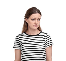 Portrait of sad woman on white background