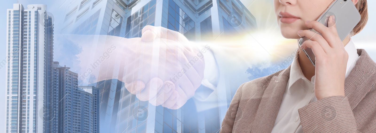 Image of Multiple exposure of businesswoman with smartphone, partners shaking hands and cityscape. Banner design 