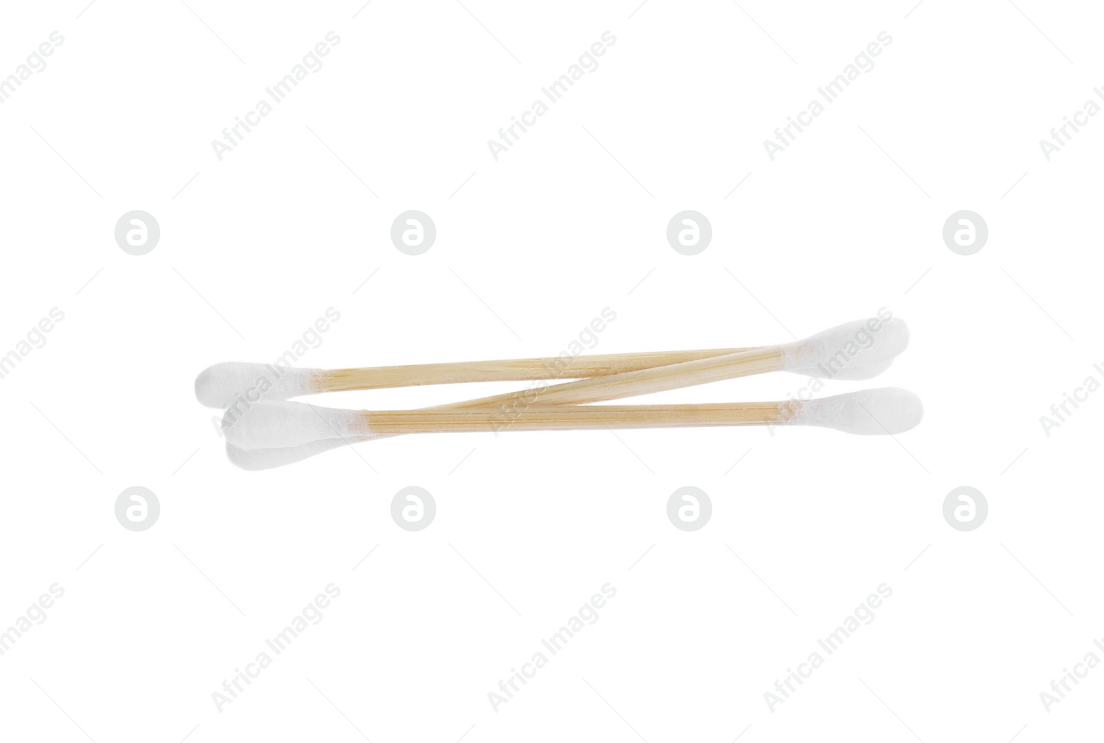 Photo of Wooden cotton buds on white background. Hygienic tool